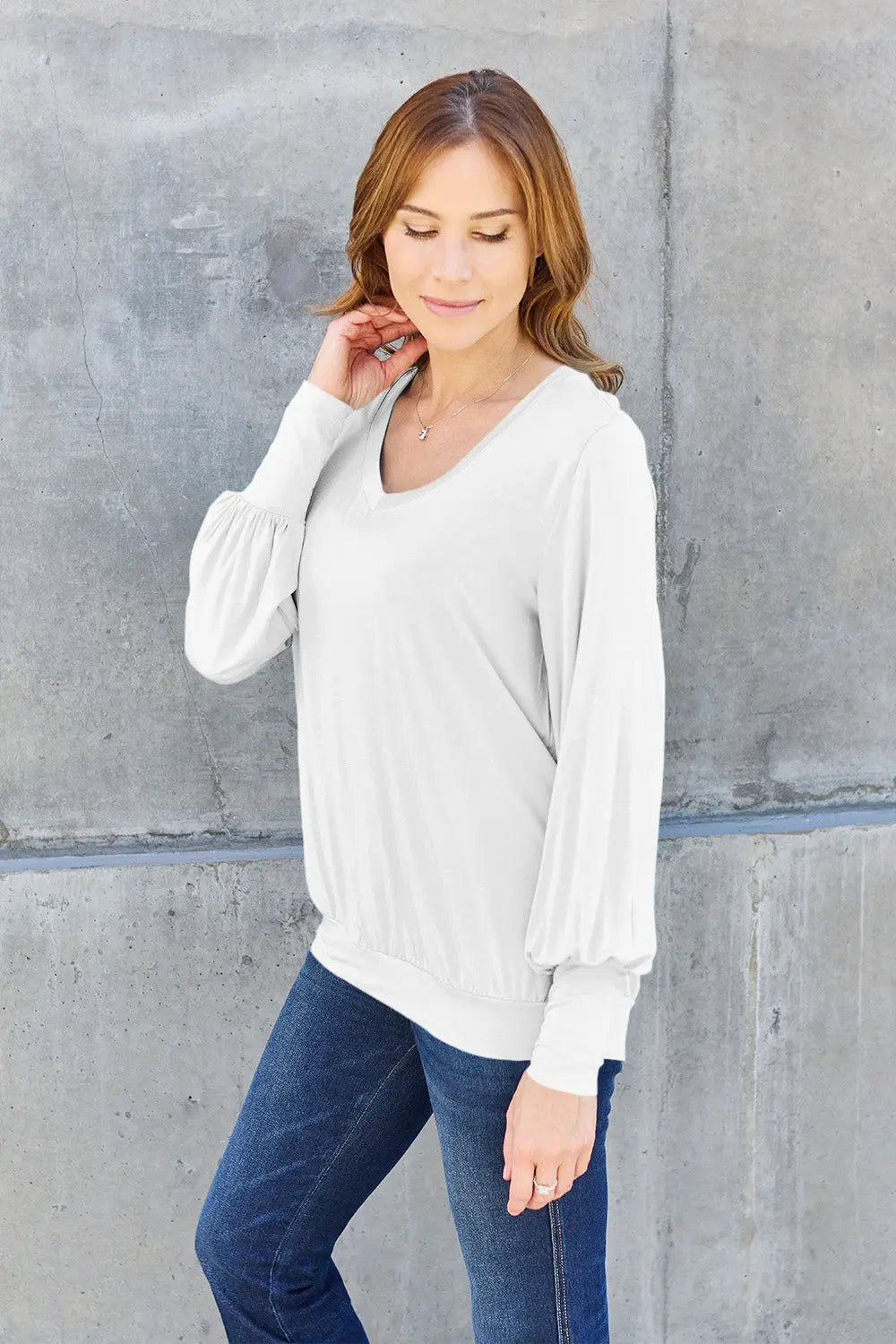 Basic Bae Full Size V-Neck Lantern Sleeve Top-Very Besty