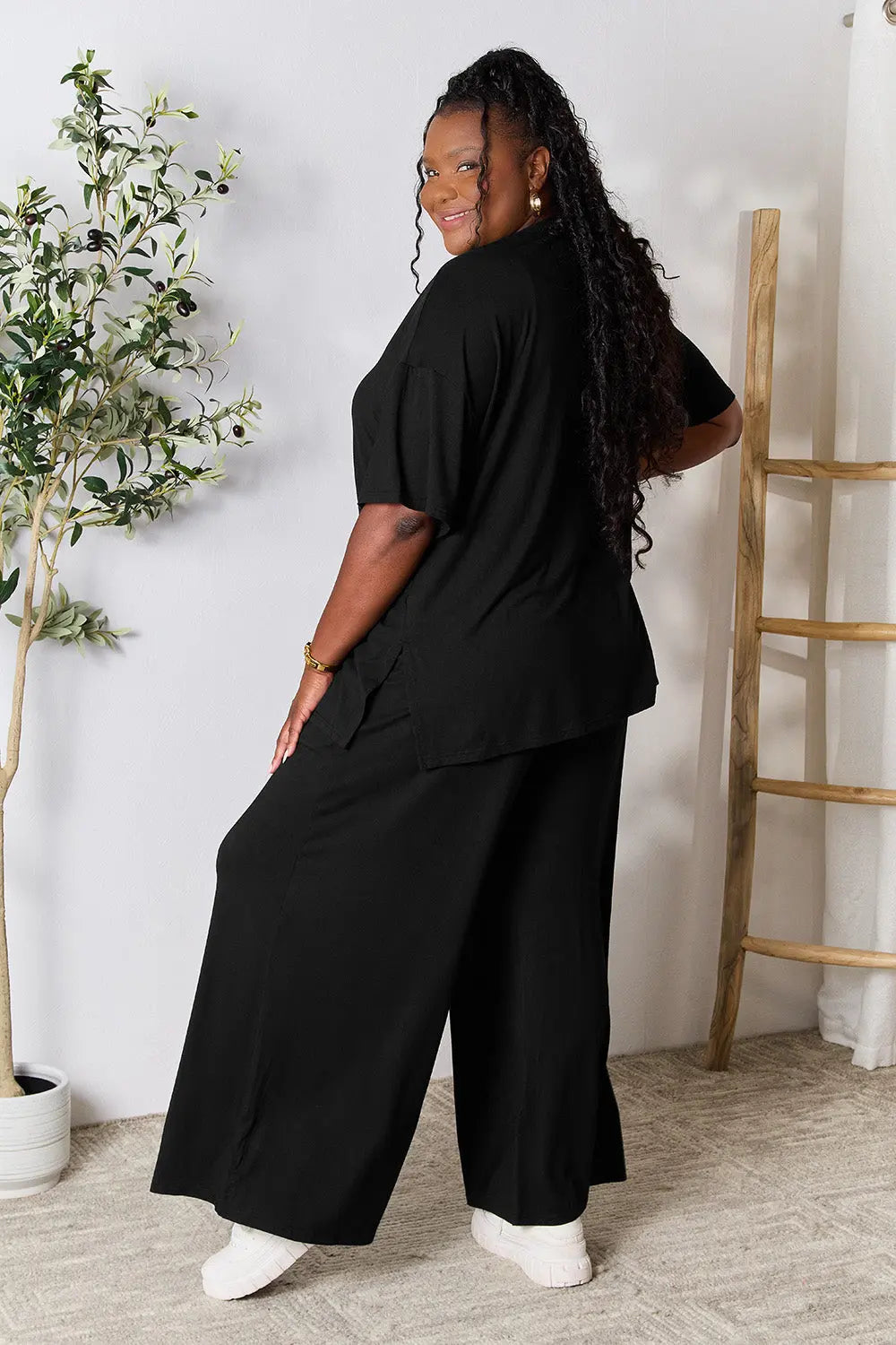 Double Take Full Size Round Neck Slit Top and Pants Set-Very Besty