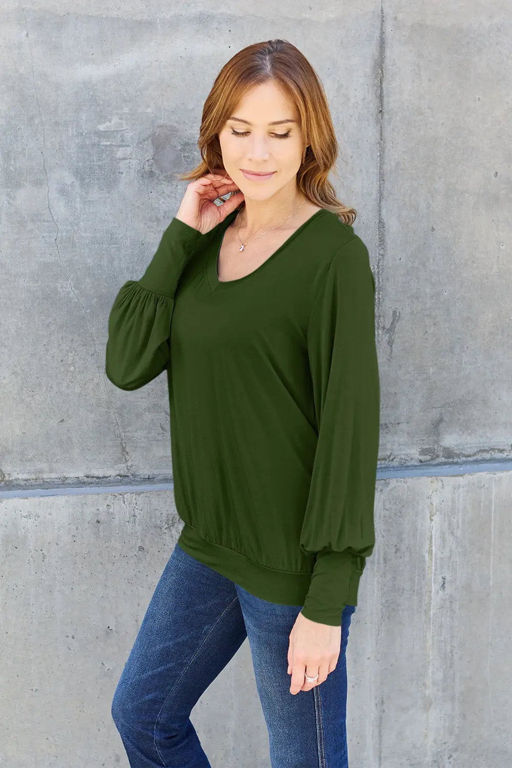 Basic Bae Full Size V-Neck Lantern Sleeve Top-Very Besty