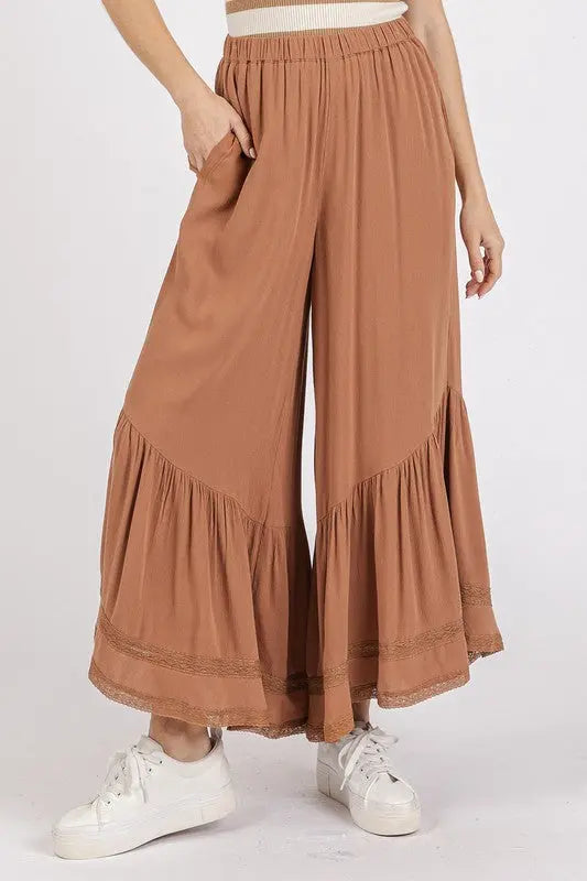 Mittoshop Lace Ruffle Asymmetric Hem Wide Leg Pants-Very Besty