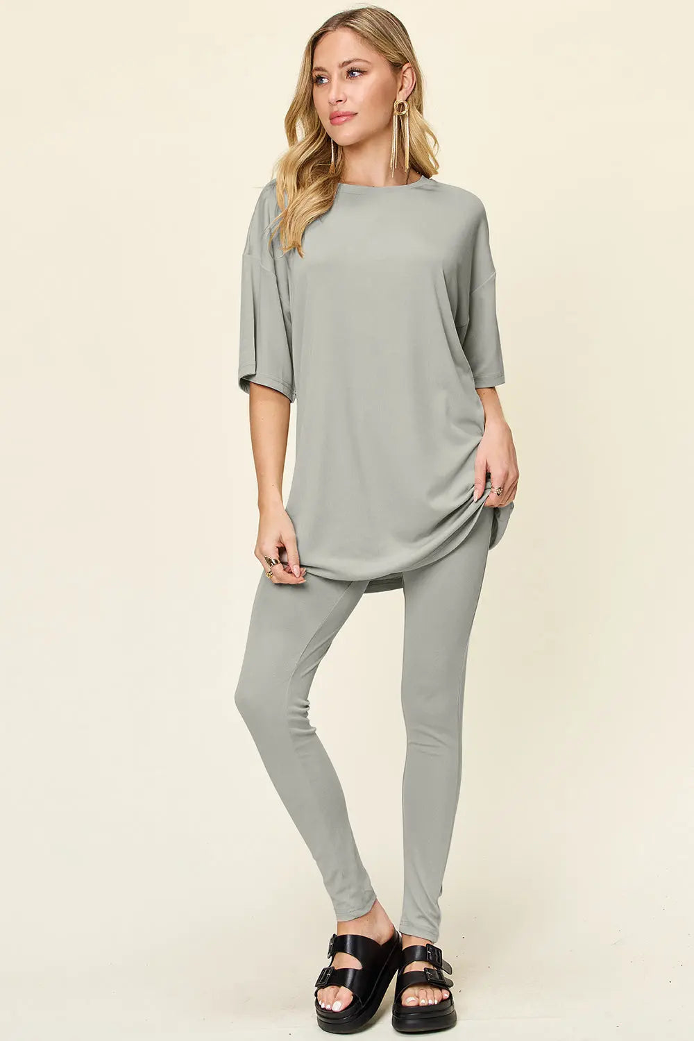 Double Take Full Size Round Neck Dropped Shoulder T-Shirt and Leggings Set-Very Besty