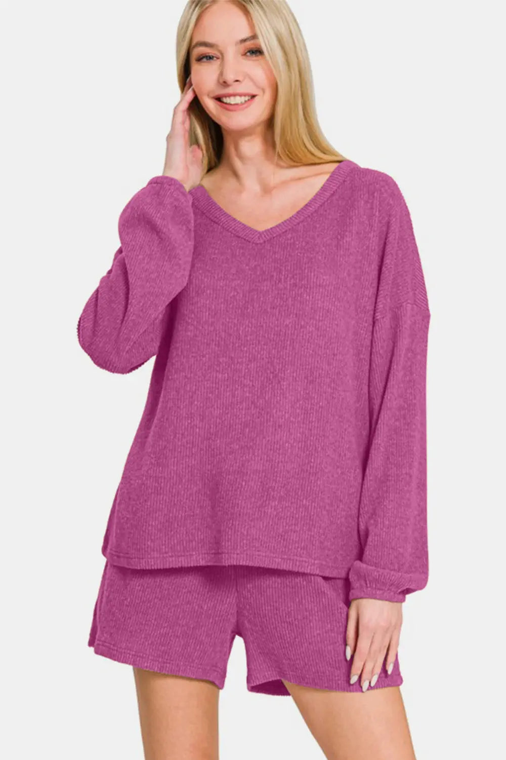 Zenana V-Neck Long Sleeve Ribbed Top and Shorts Set-Very Besty