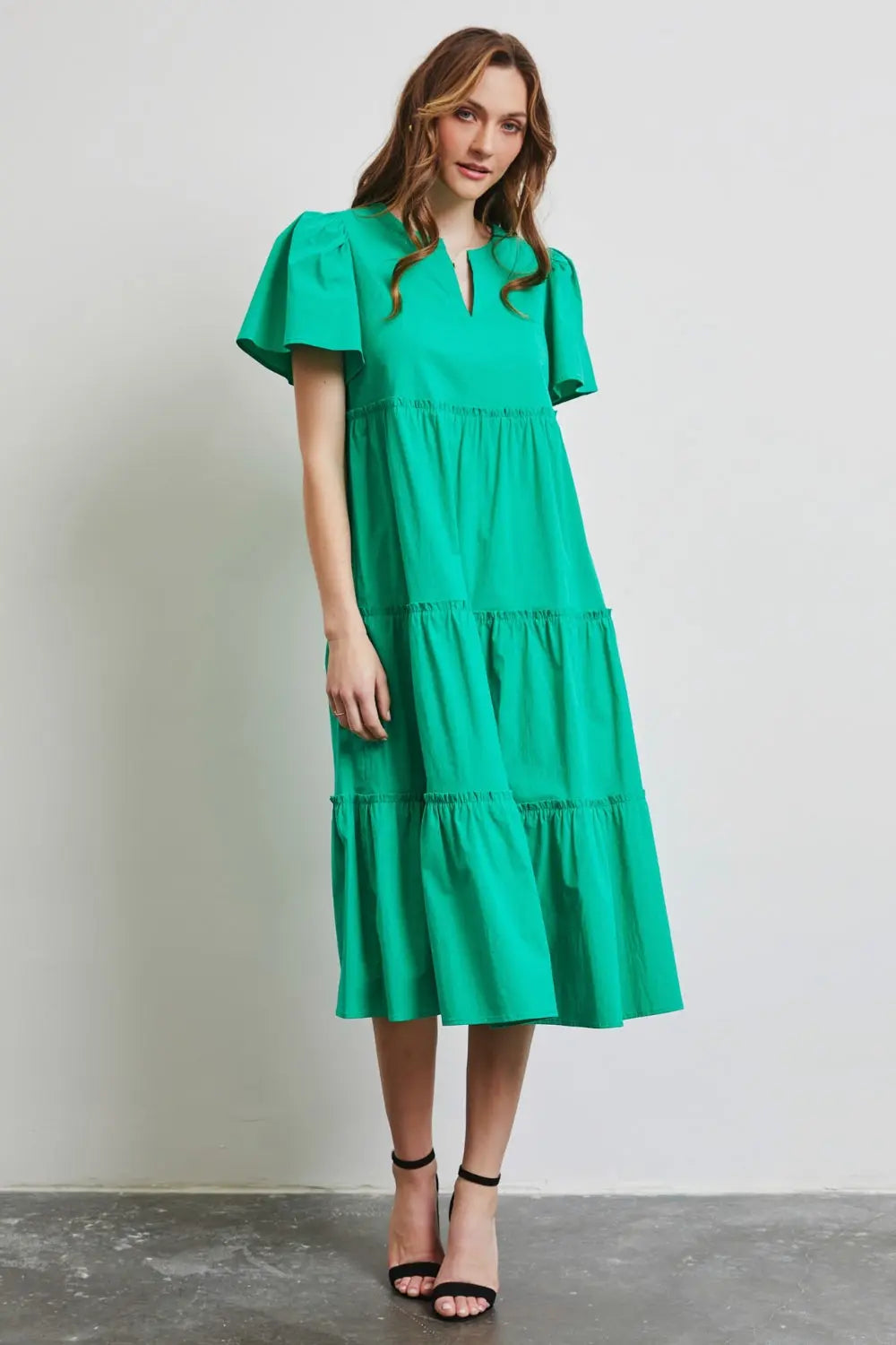 HEYSON Full Size Cotton Poplin Ruffled Tiered Midi Dress-Very Besty
