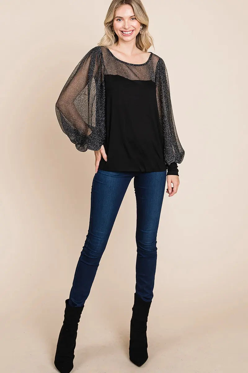 Super Lady Full Size Metallic Mesh Lantern Sleeve Blouse-Very Besty