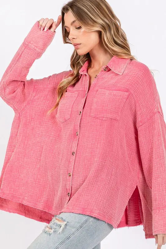 SAGE + FIG Frayed Hem Side Slit Button Down Shirt-Very Besty