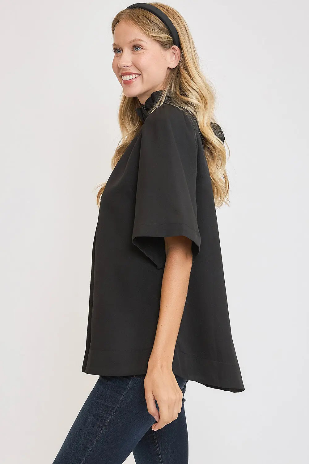 Umgee Bow Tie Back Mock Neck Half Sleeve Blouse-Very Besty