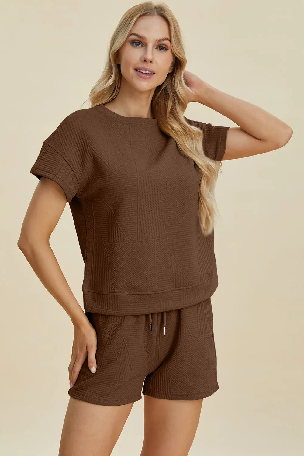 Double Take Full Size Texture Short Sleeve Top and Shorts Set-Very Besty