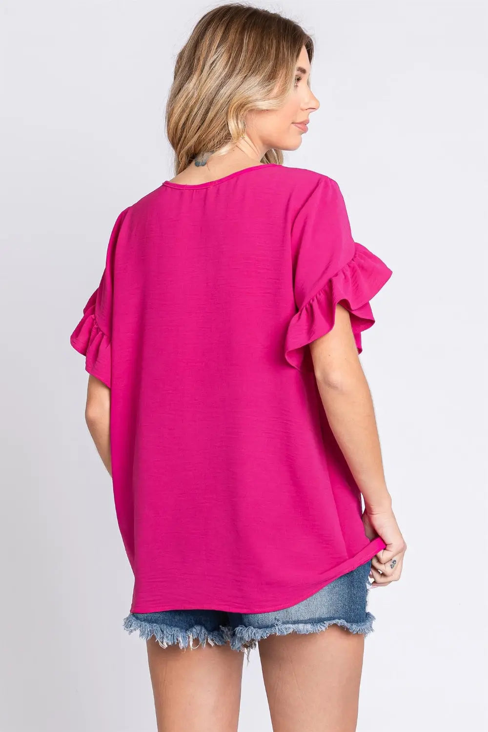 GeeGee V-Neck Ruffle Trim Short Sleeve Blouse-Very Besty