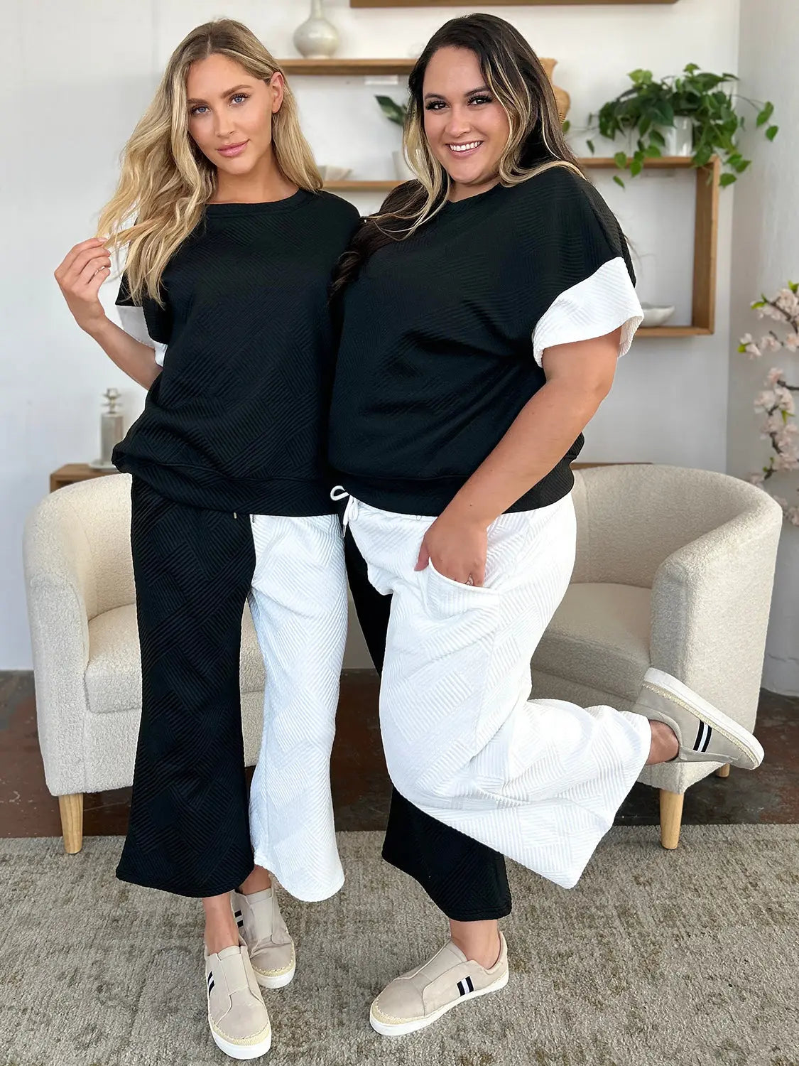 Double Take Full Size Texture Contrast T-Shirt and Wide Leg Pants Set-Very Besty