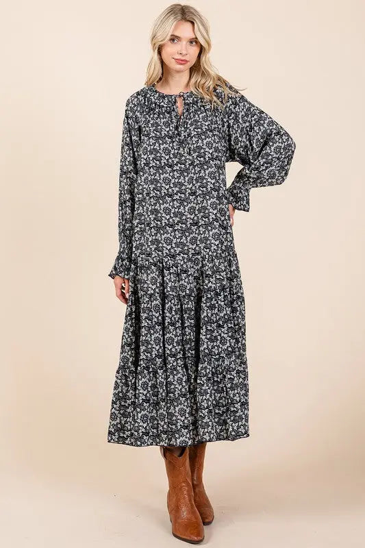 Mittoshop Printed Tie Neck Flounce Sleeve Midi Dress-Very Besty