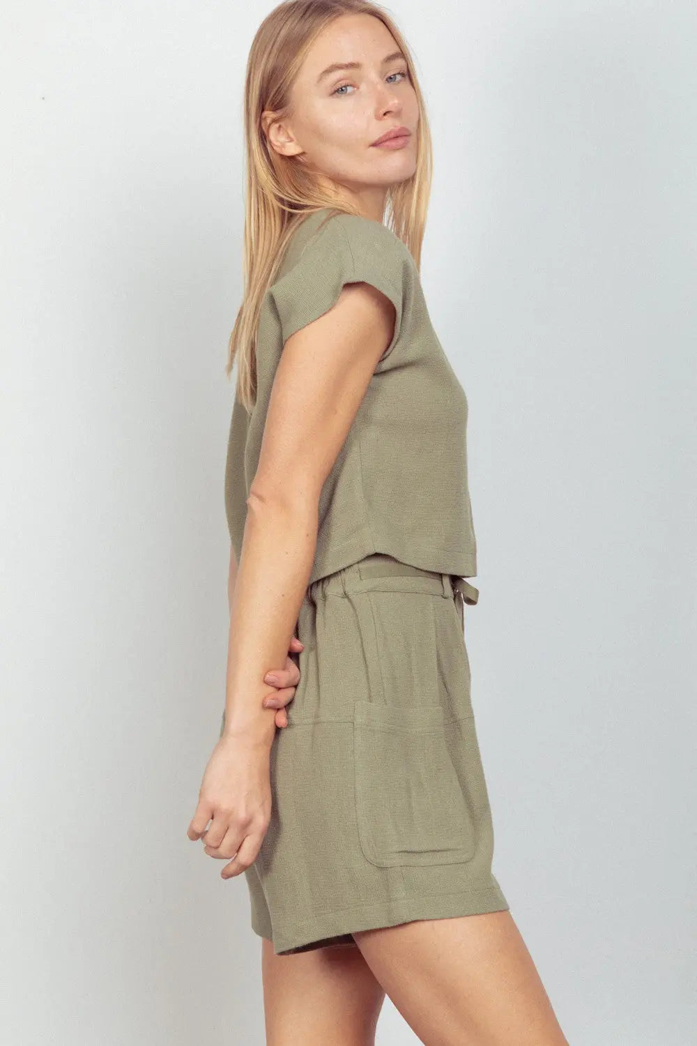 VERY J Woven Cropped Top & Waist Tie Shorts Set-Very Besty