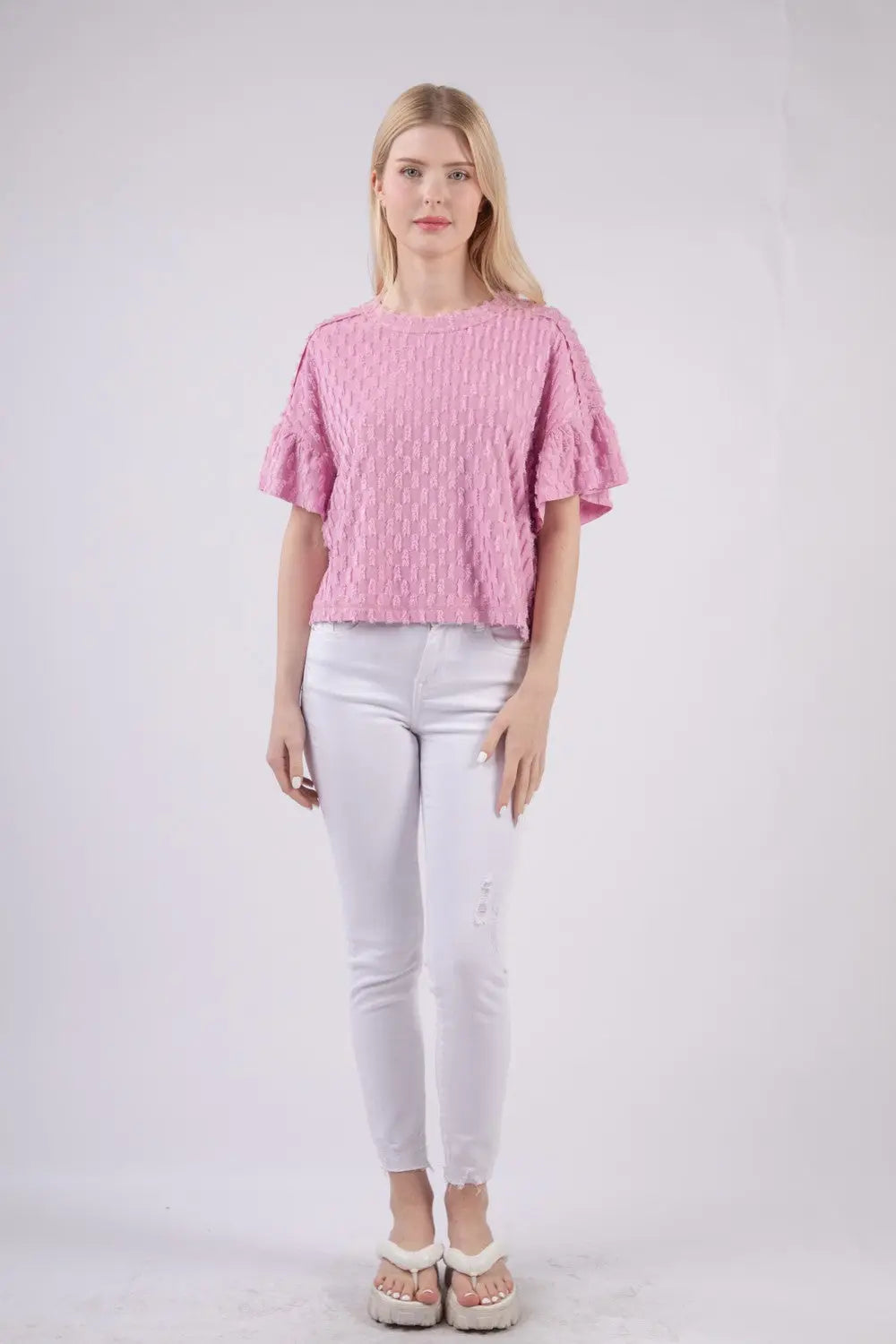 VERY J Full Size Texture Ruffle Short Sleeve Top-Very Besty
