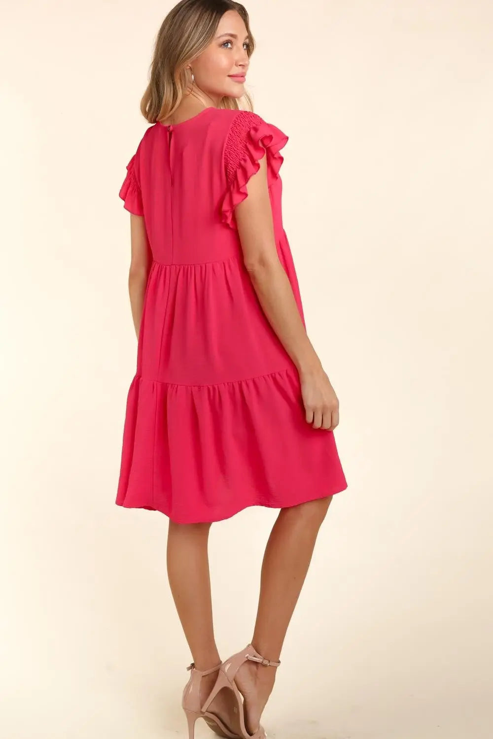 Haptics Full Size Smocking Ruffle Short Sleeve Dress with Pockets-Very Besty