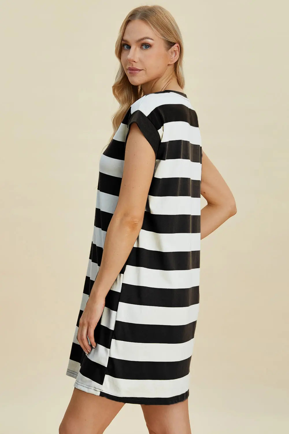 Basic Bae Full Size Striped Round Neck Cap Sleeve Mini Dress-Very Besty