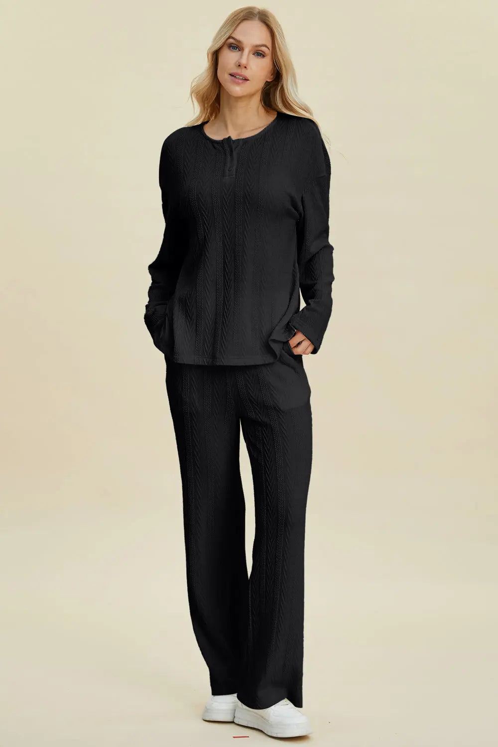 Double Take Full Size Cable-Knit Long Sleeve Top and Pants Set-Very Besty