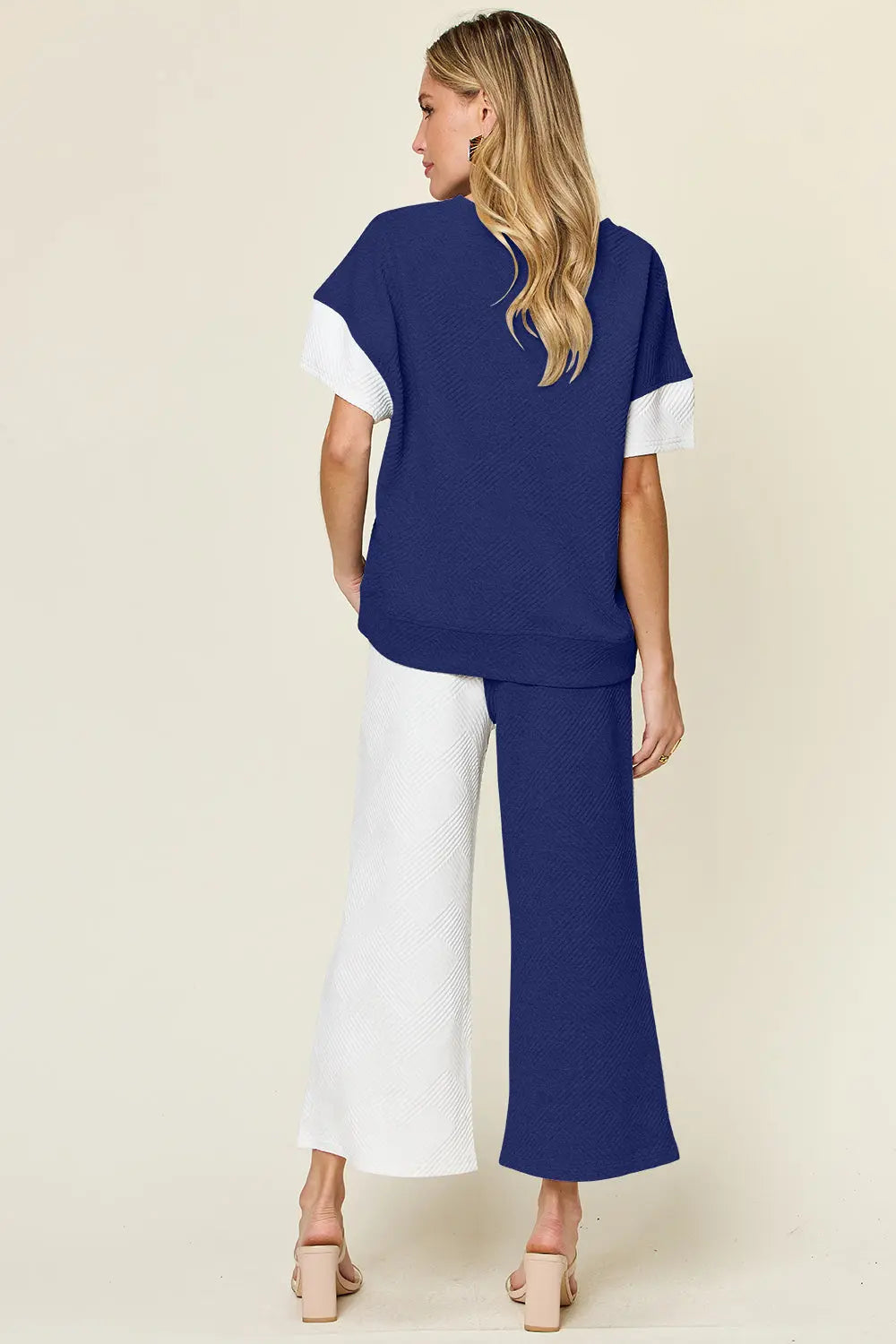 Double Take Full Size Texture Contrast T-Shirt and Wide Leg Pants Set-Very Besty