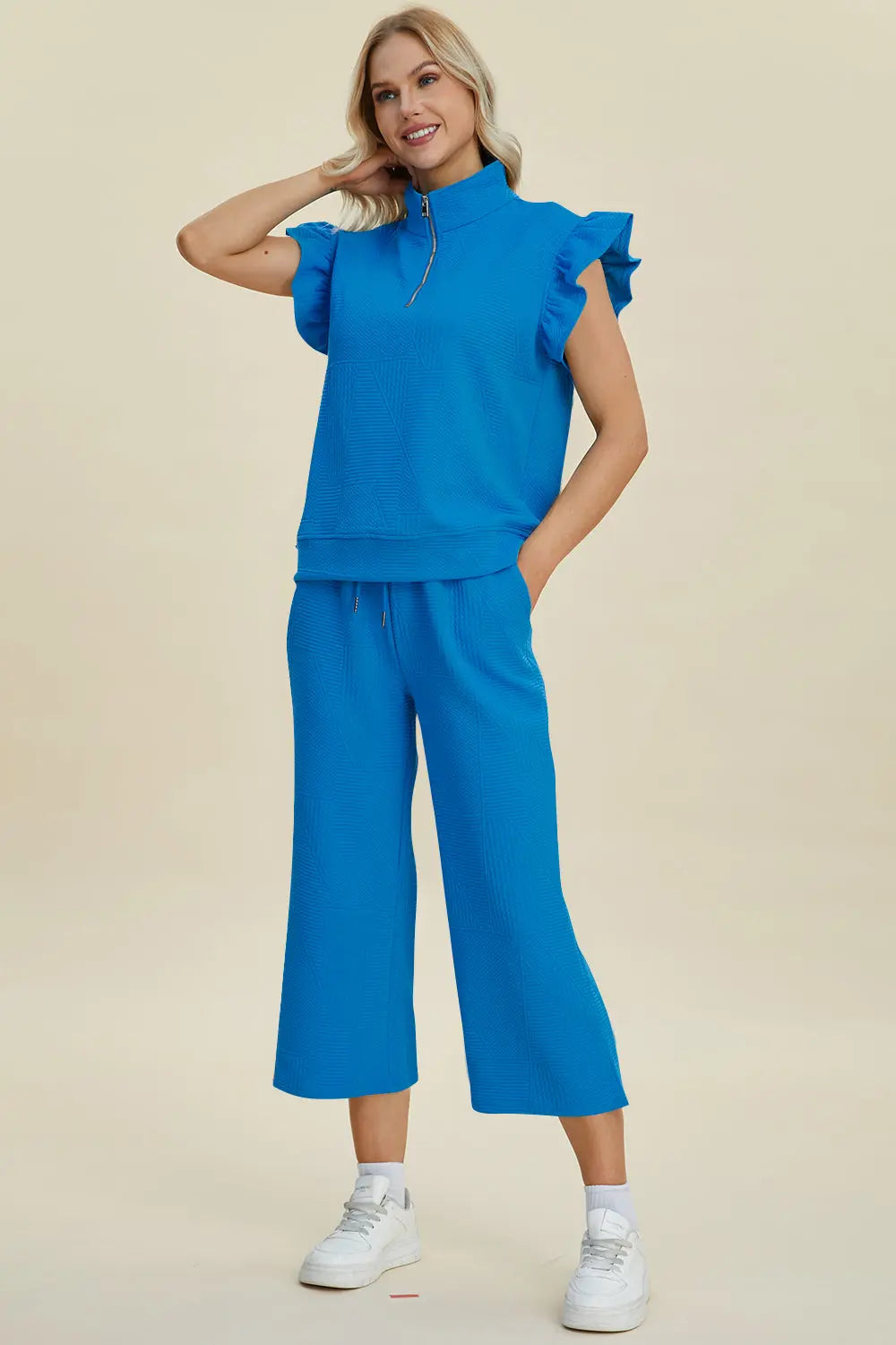 Double Take Full Size Texture Ruffle Short Sleeve Top and Wide Leg Pants Set-Very Besty