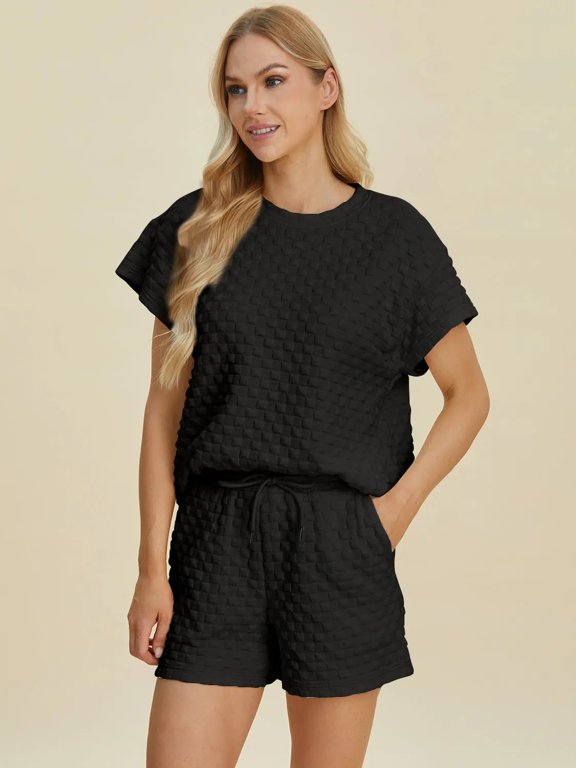 Double Take Full Size Texture T-Shirt and Shorts Set-Very Besty
