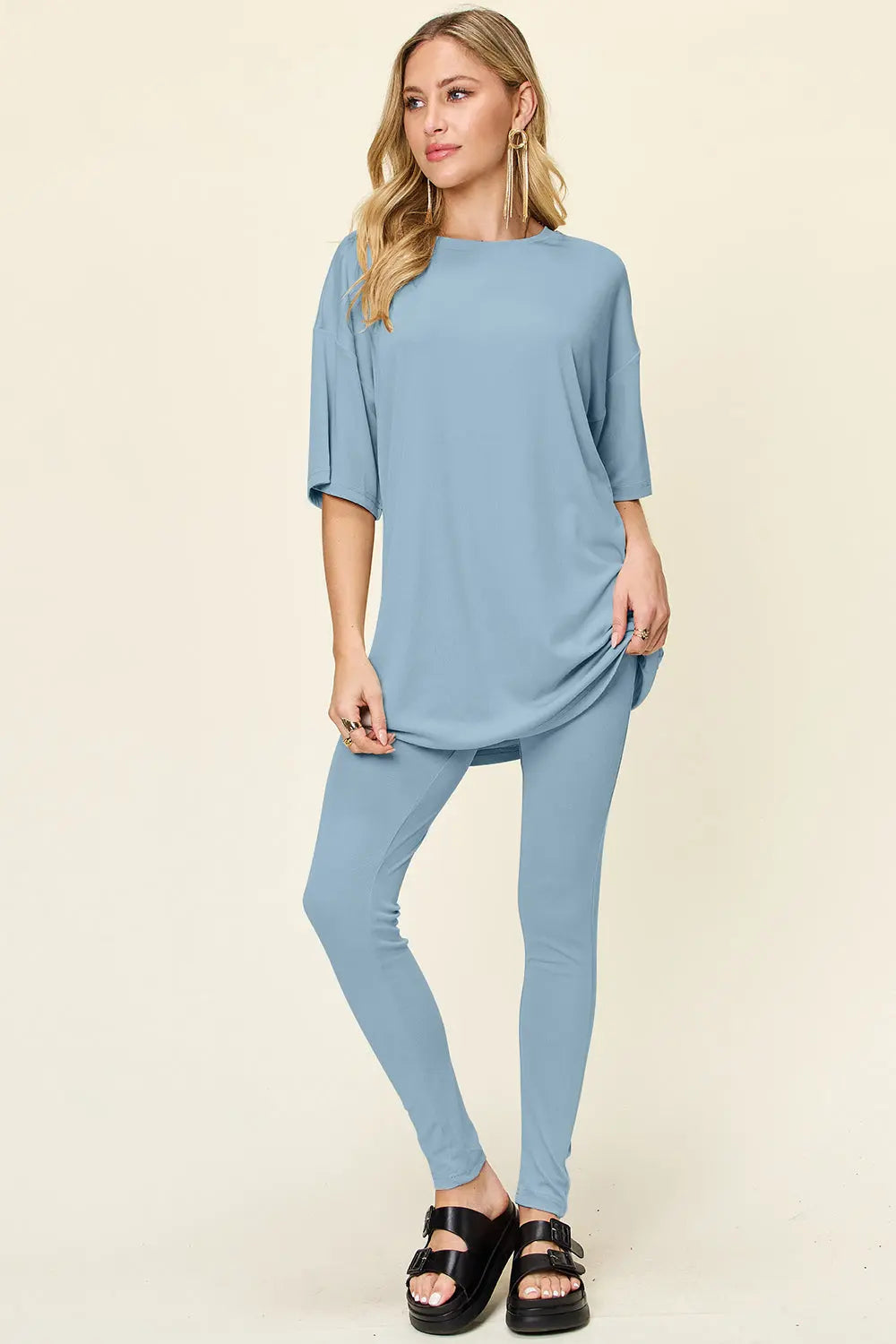 Double Take Full Size Round Neck Dropped Shoulder T-Shirt and Leggings Set-Very Besty
