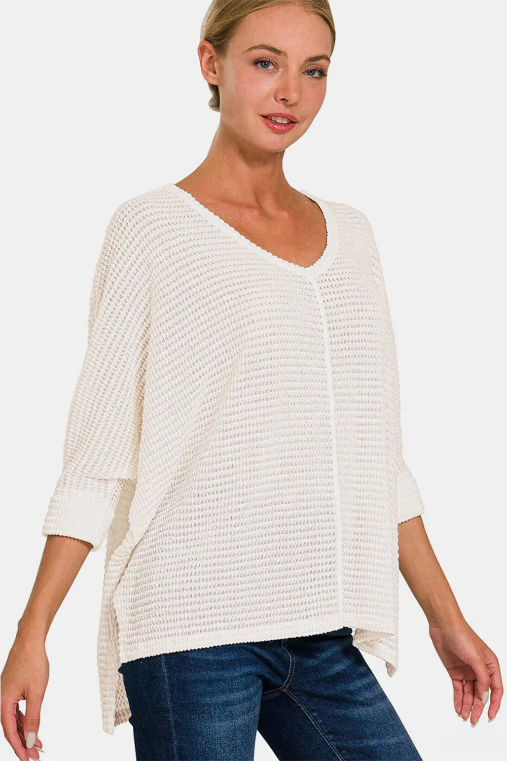 Zenana Full Size Round Neck High-Low Slit Knit Top-Very Besty