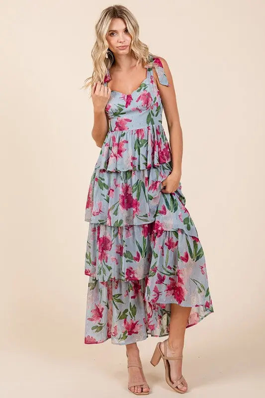 Mittoshop Layered Floral Sweetheart Neck Maxi Dress-Very Besty