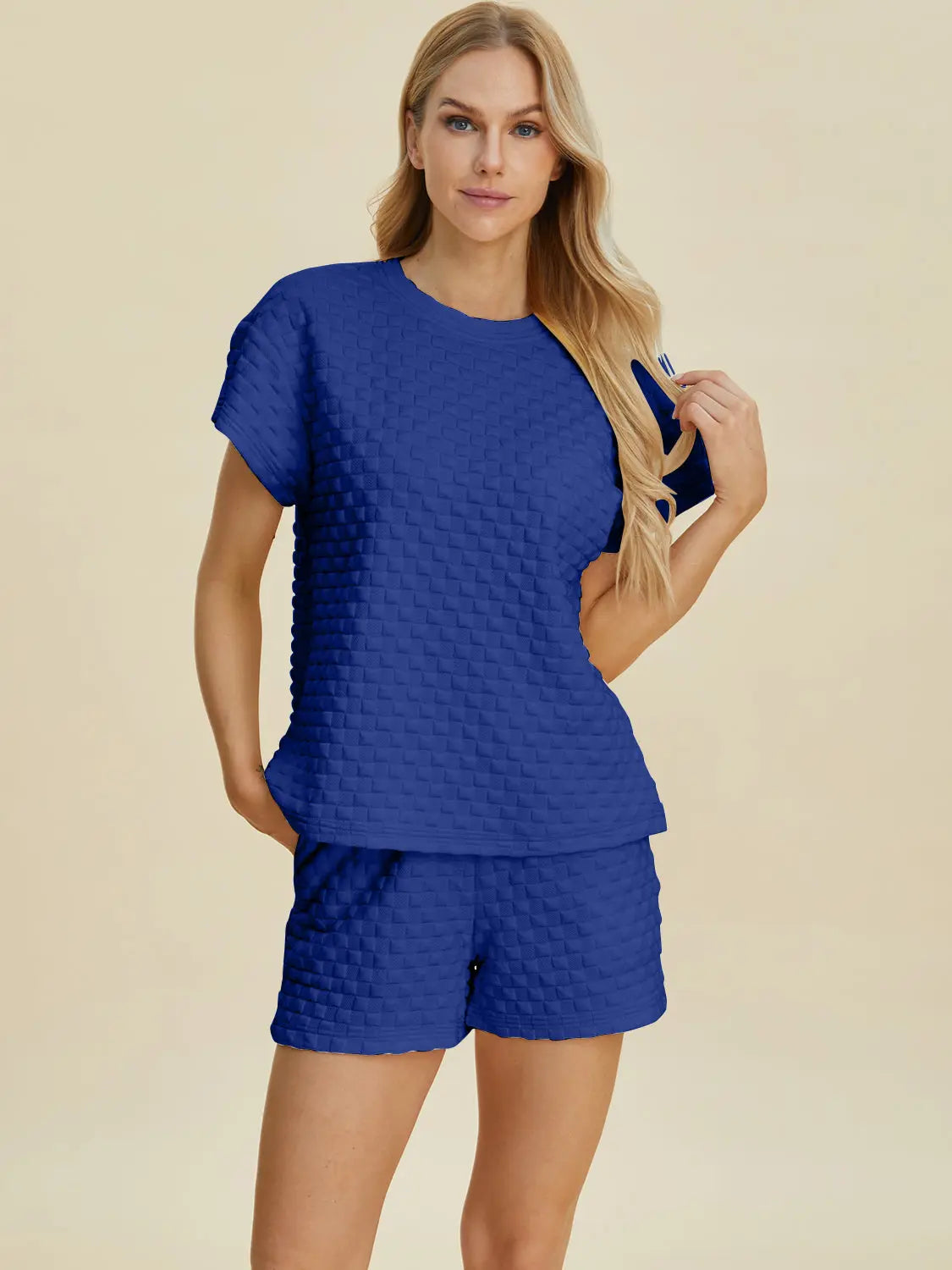 Double Take Full Size Texture T-Shirt and Shorts Set-Very Besty