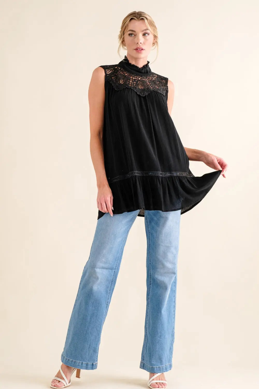 And The Why Lace Detail Sleeveless Ruffled Top-Very Besty