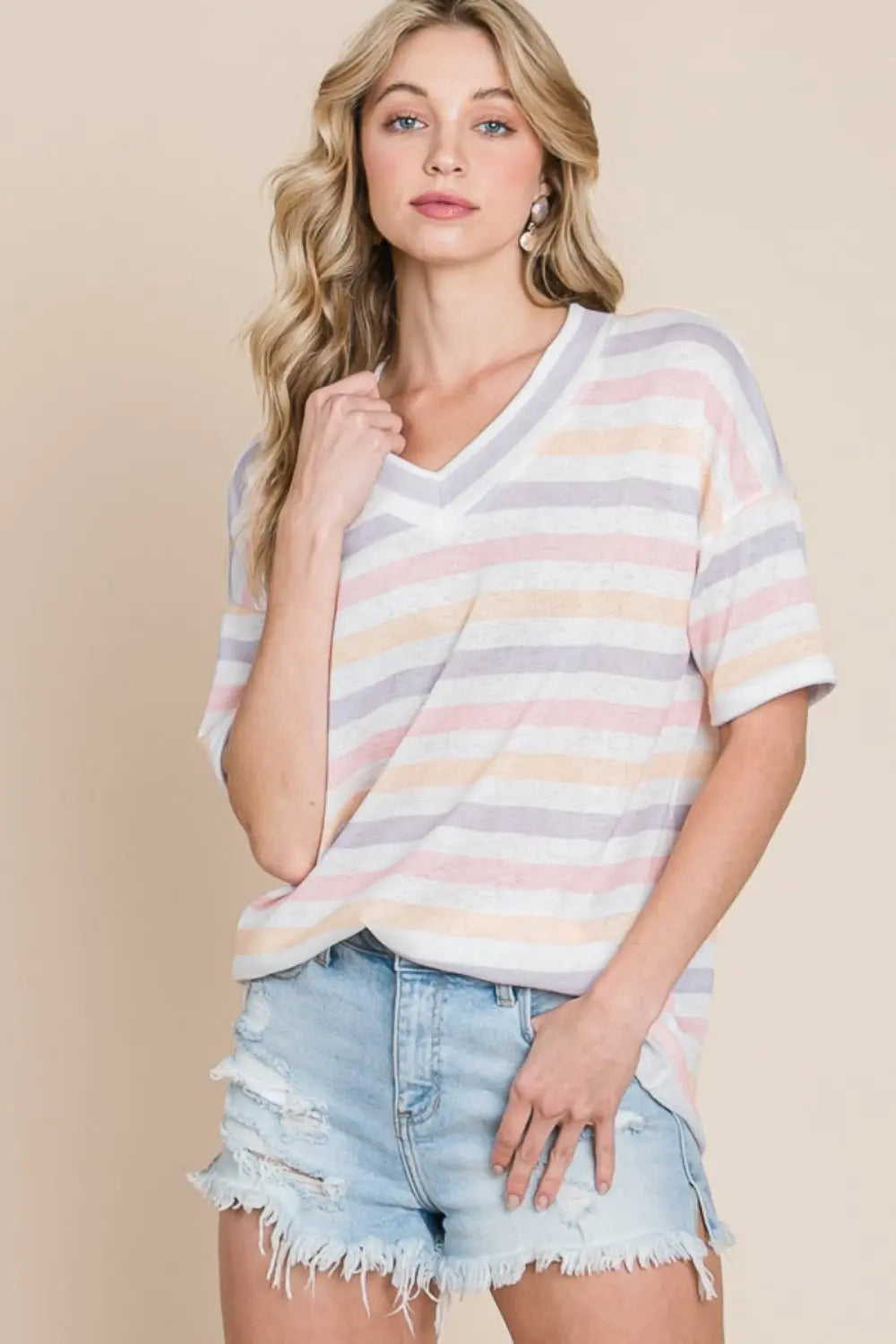 BOMBOM Striped V-Neck Short Sleeve T-Shirt-Very Besty