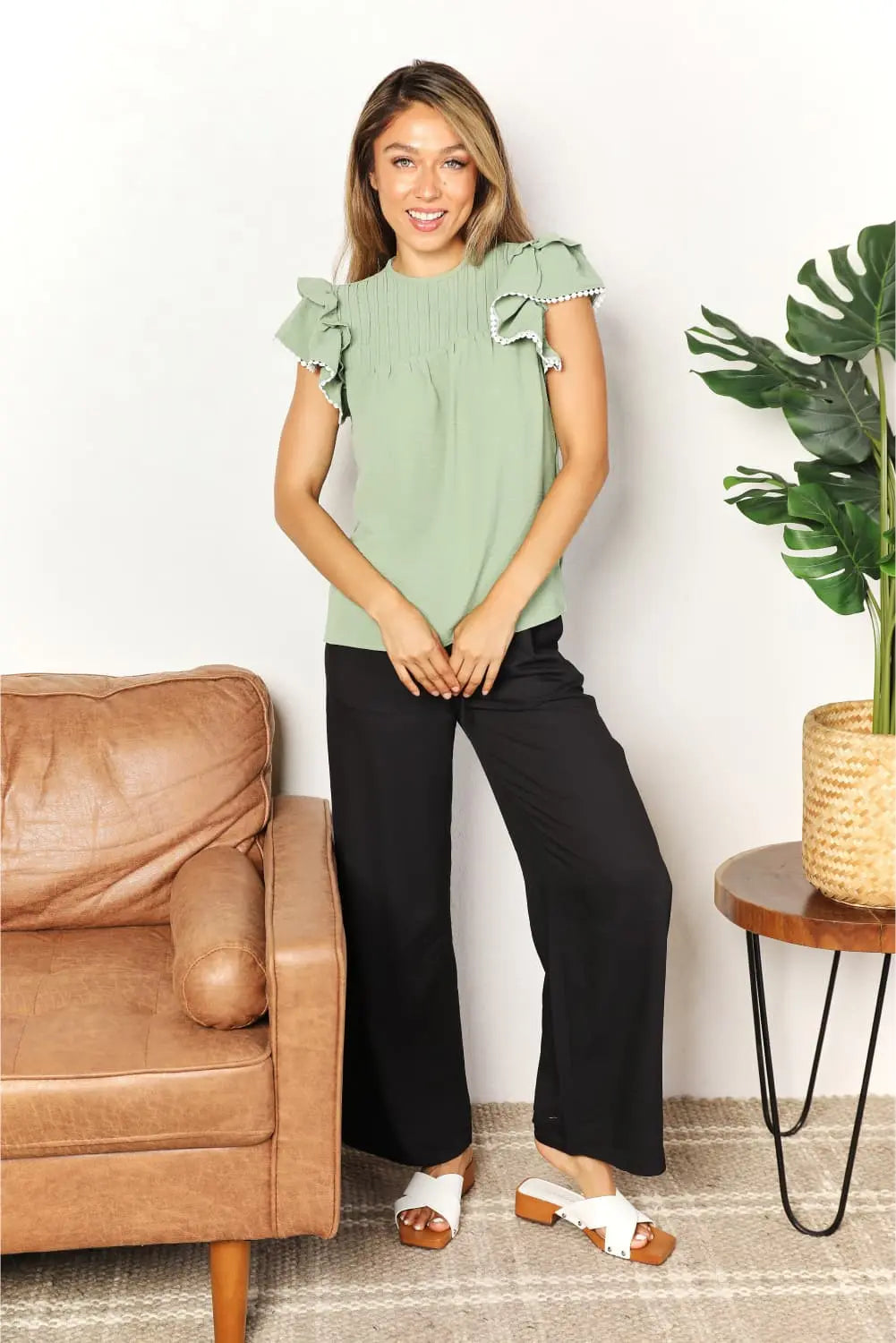 Perfee Pleated Detail Flutter Sleeve Blouse-Very Besty
