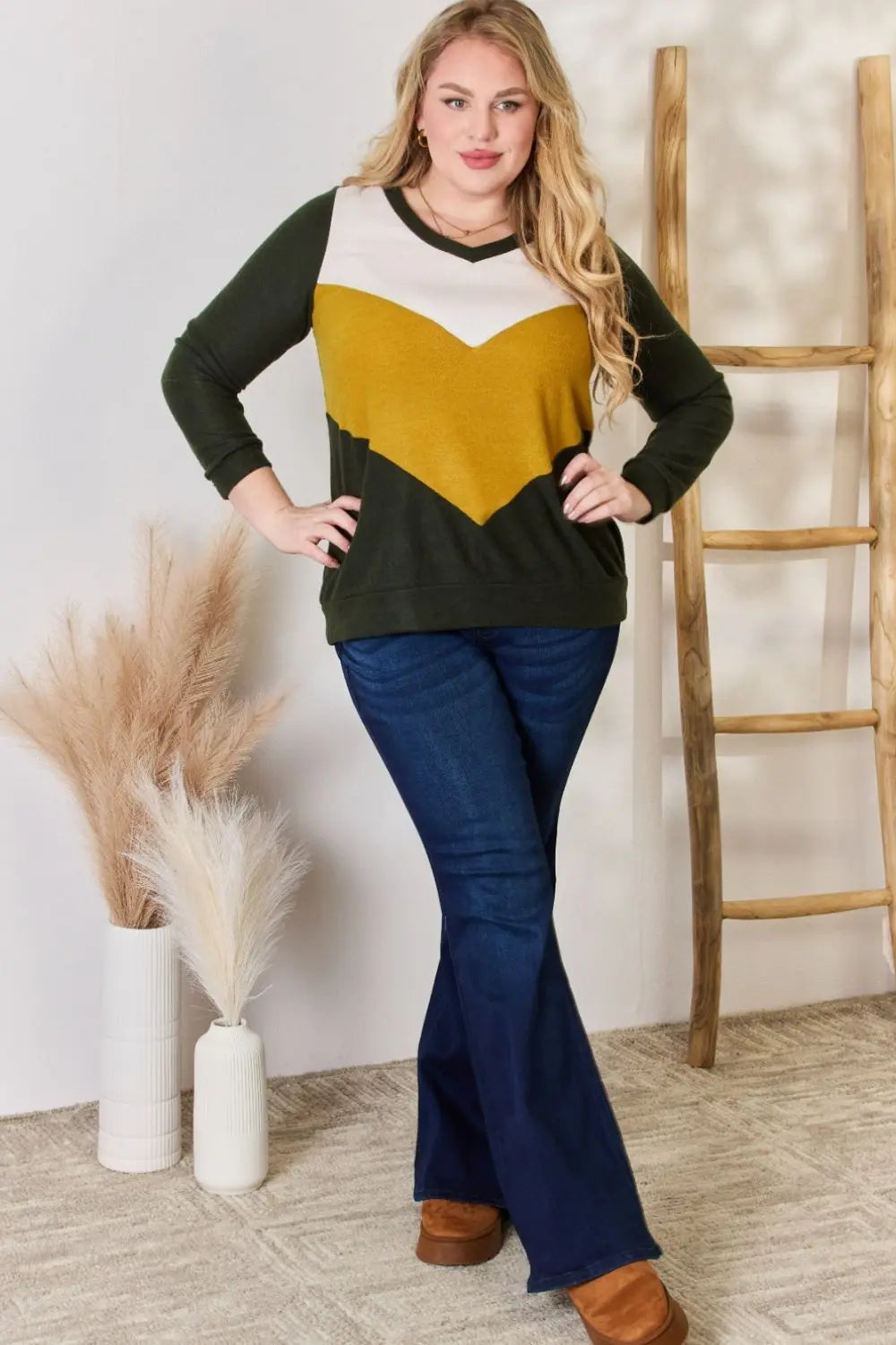 Hailey & Co Full Size Colorblock V-Neck Blouse-Very Besty