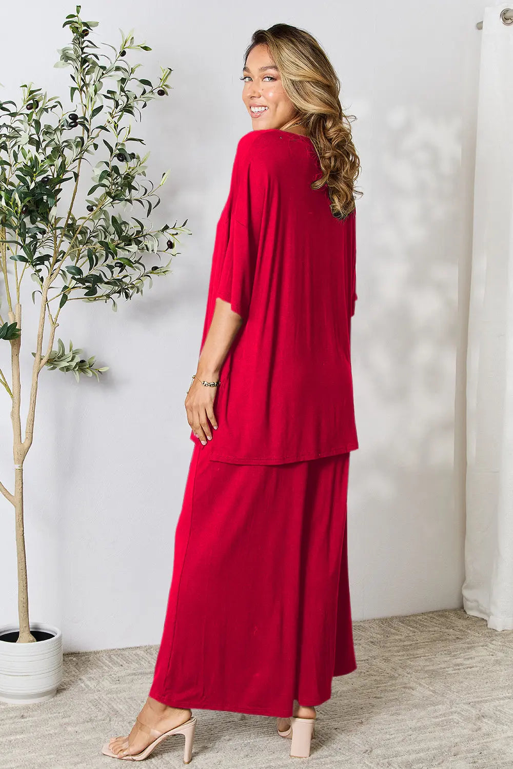 Double Take Full Size Round Neck Slit Top and Pants Set-Very Besty