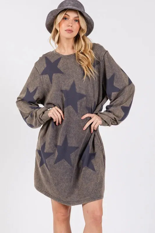 SAGE + FIG Washed Star Print Round Neck Dress-Very Besty