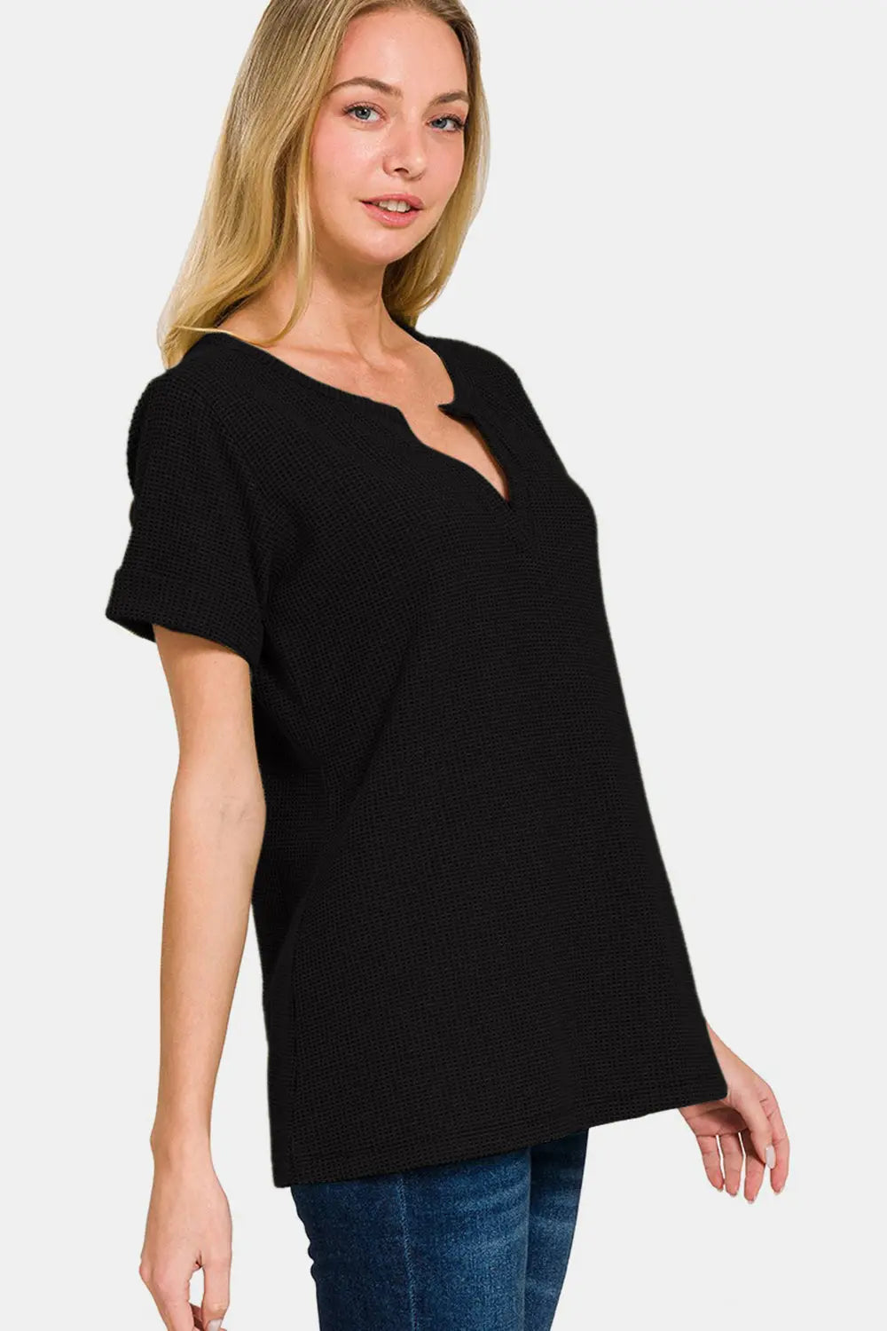 Zenana Notched Short Sleeve Waffle T-Shirt-Very Besty