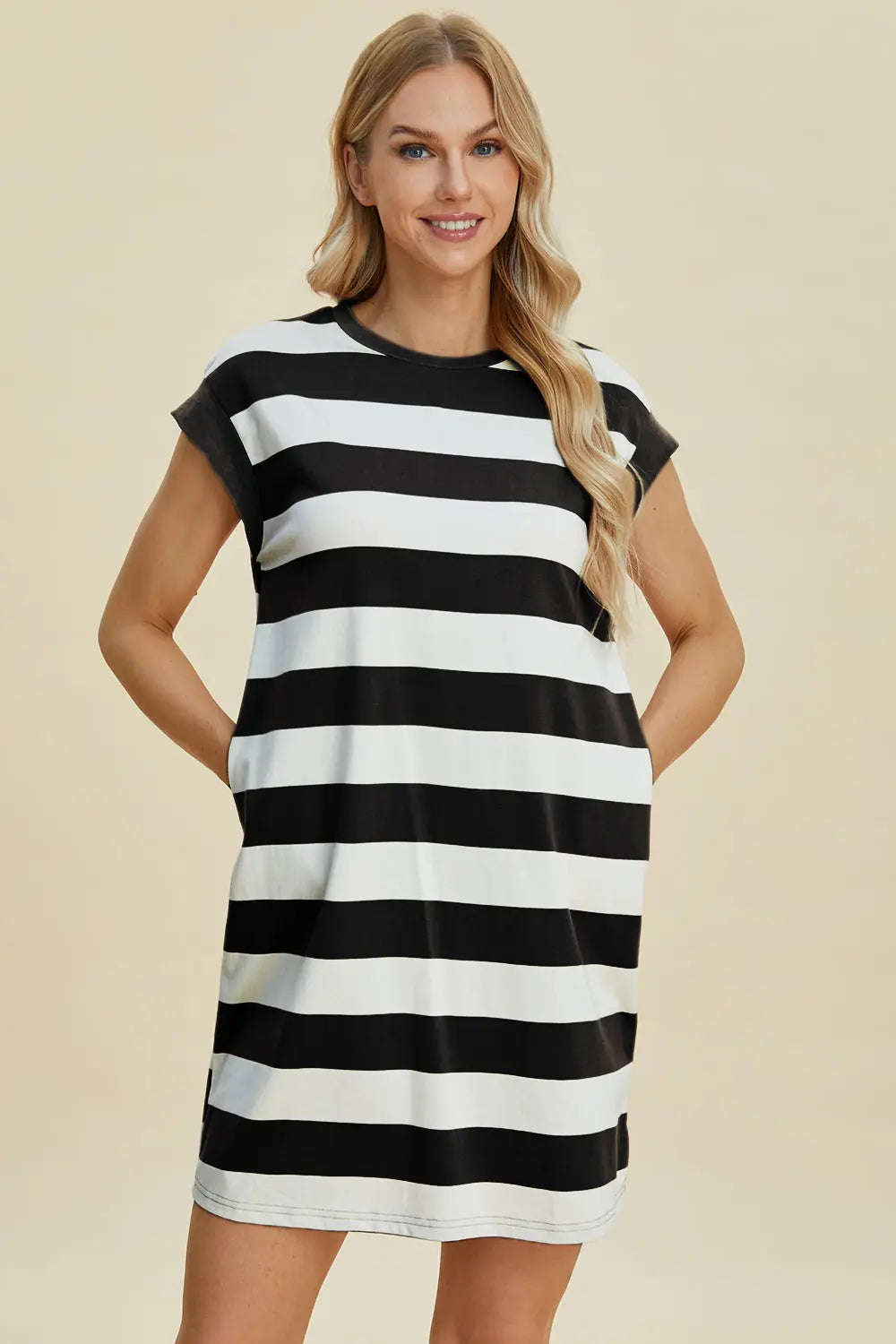 Basic Bae Full Size Striped Round Neck Cap Sleeve Mini Dress-Very Besty
