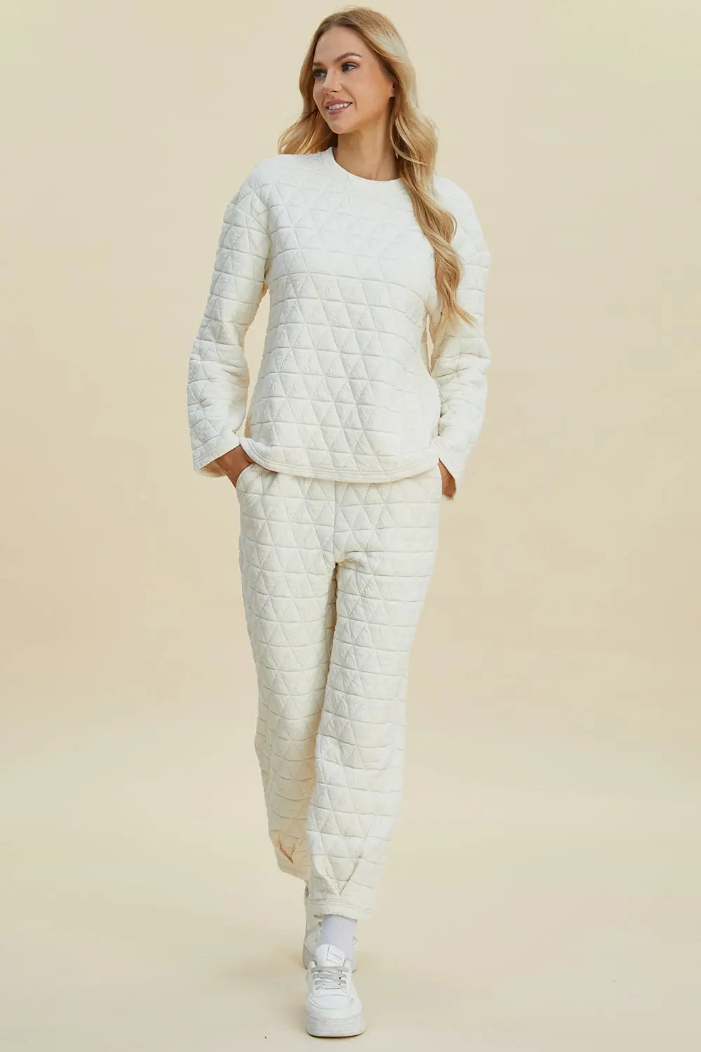 Double Take Full Size Texture Round Neck Long Sleeve Top and Pants Set-Very Besty