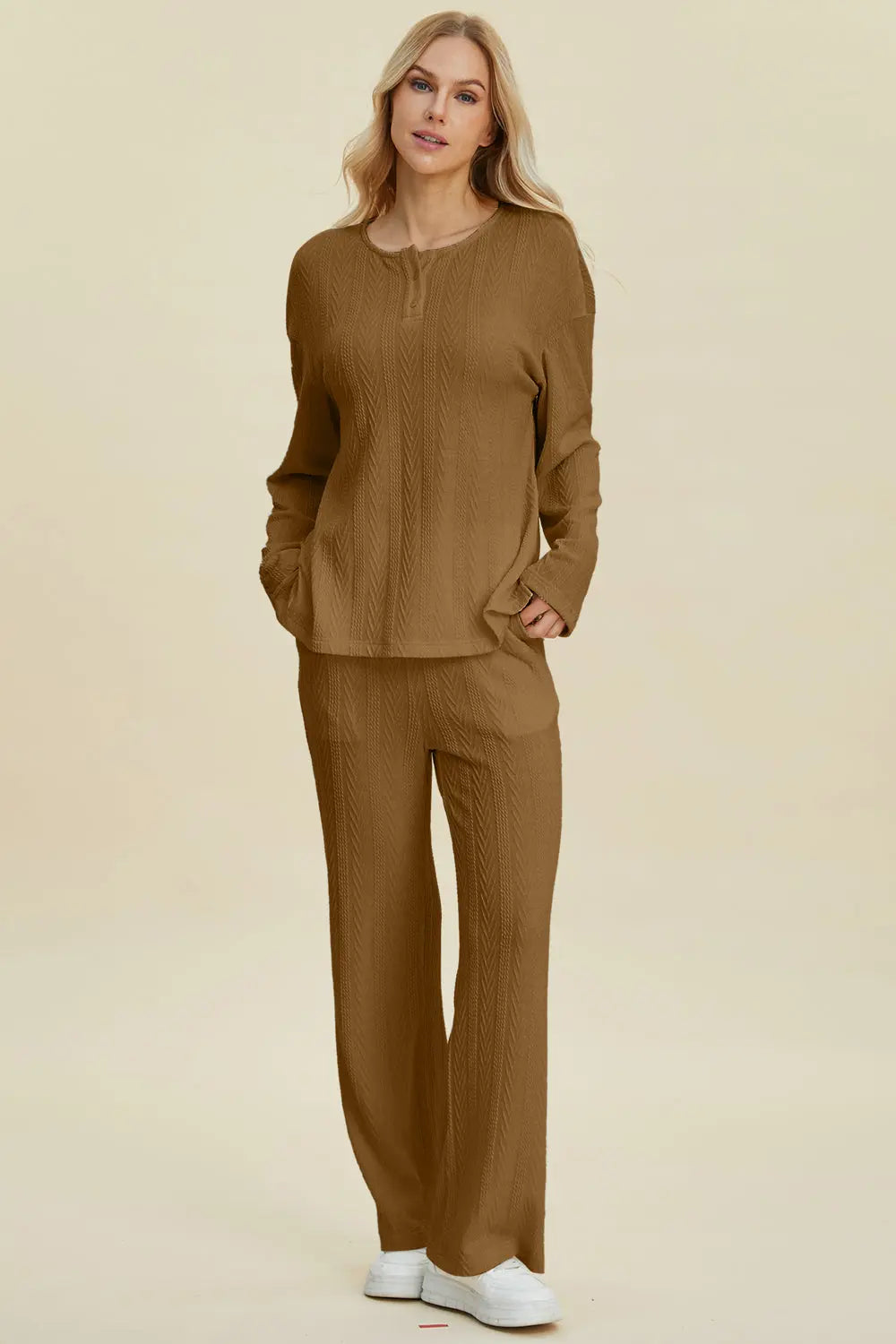 Double Take Full Size Cable-Knit Long Sleeve Top and Pants Set-Very Besty
