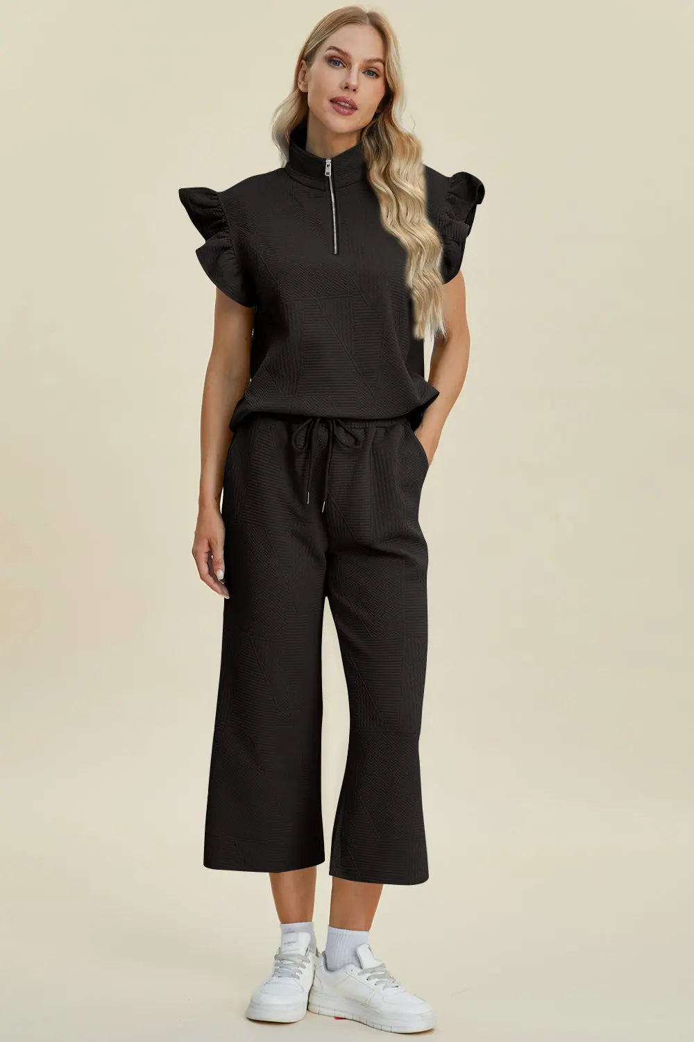 Double Take Full Size Texture Ruffle Short Sleeve Top and Wide Leg Pants Set-Very Besty