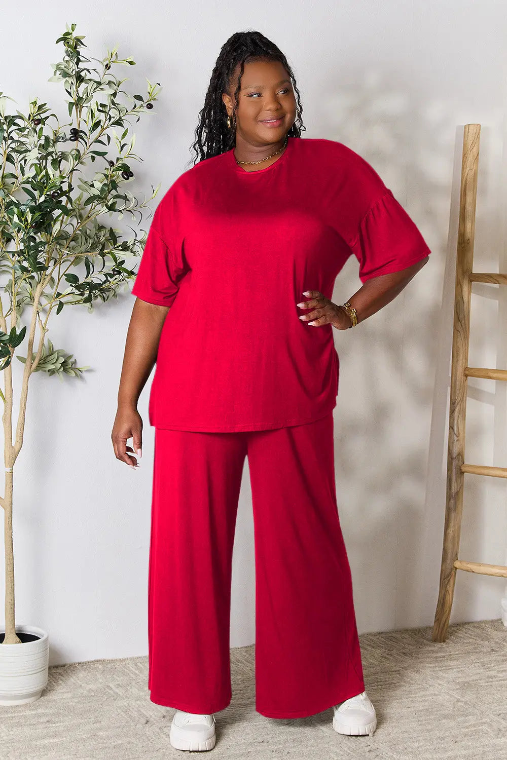 Double Take Full Size Round Neck Slit Top and Pants Set-Very Besty