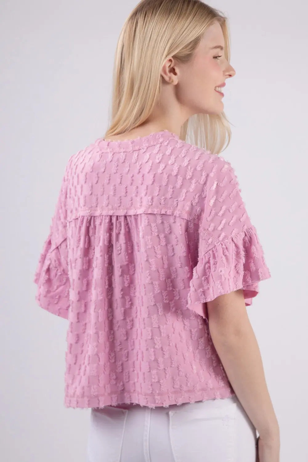VERY J Full Size Texture Ruffle Short Sleeve Top-Very Besty