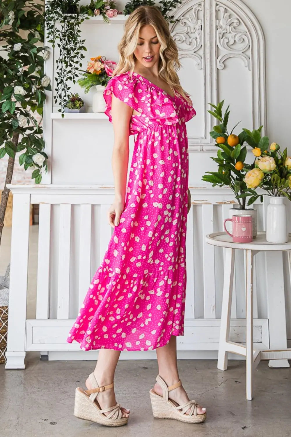 Reborn J Printed V-Neck Ruffle Trim Tiered Midi Dress-Very Besty