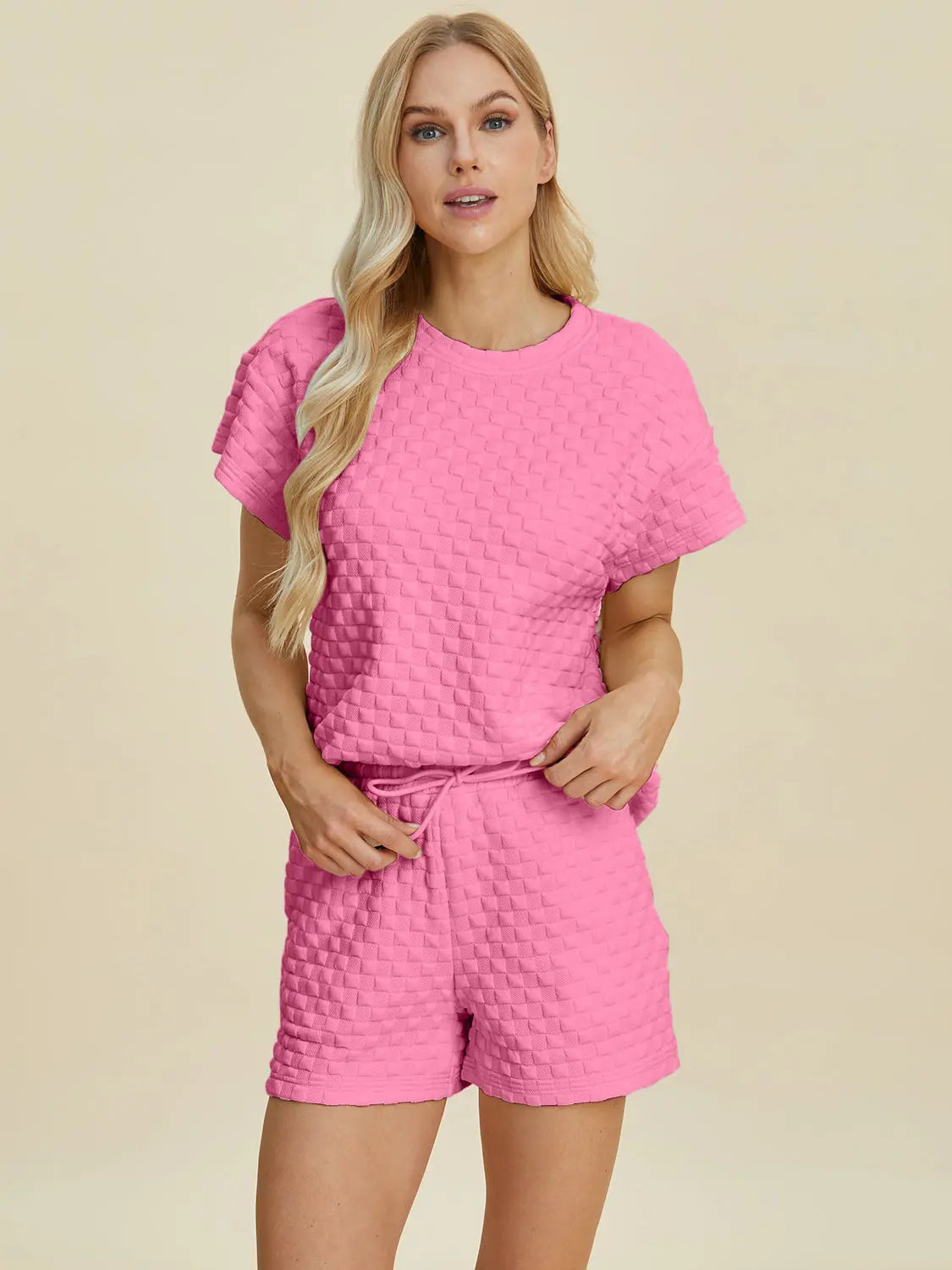 Double Take Full Size Texture T-Shirt and Shorts Set-Very Besty