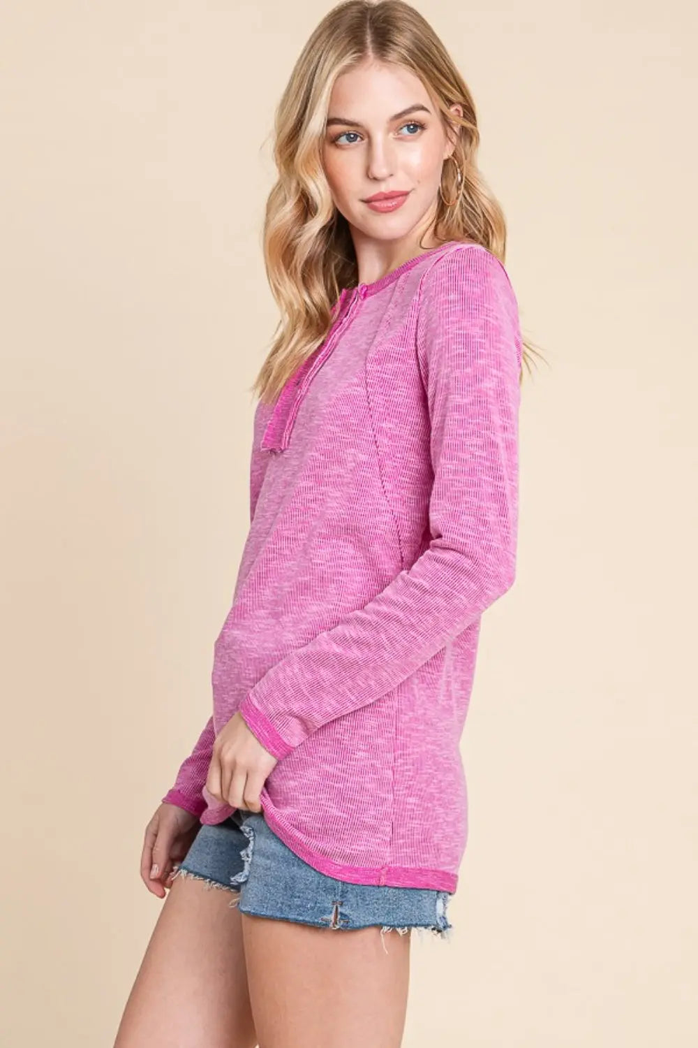 Reborn J Contrast Trim Half Button Long Sleeve T-Shirt-Very Besty