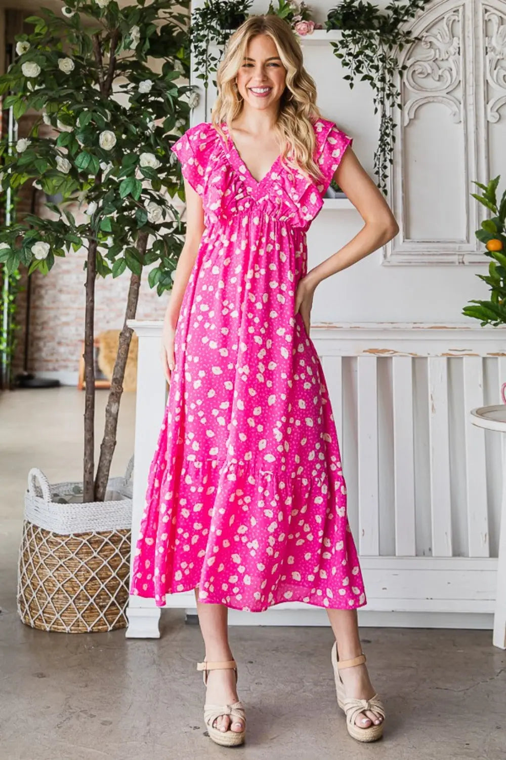 Reborn J Printed V-Neck Ruffle Trim Tiered Midi Dress-Very Besty