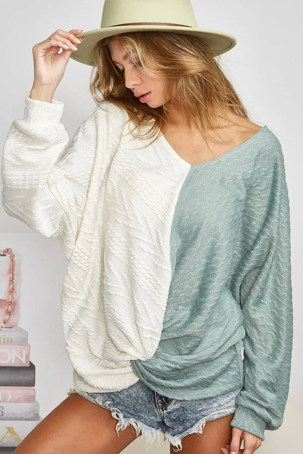 BiBi Twist Front Contrast Cable Knit Top-Very Besty