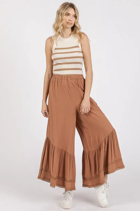 Mittoshop Lace Ruffle Asymmetric Hem Wide Leg Pants-Very Besty