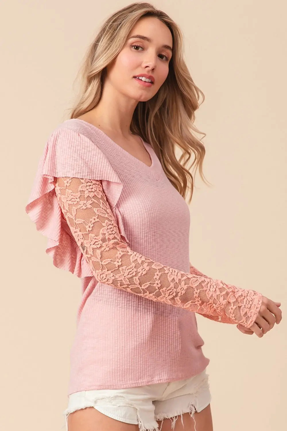 BiBi Ruffled Lace Sleeve Rib Knit Top-Very Besty