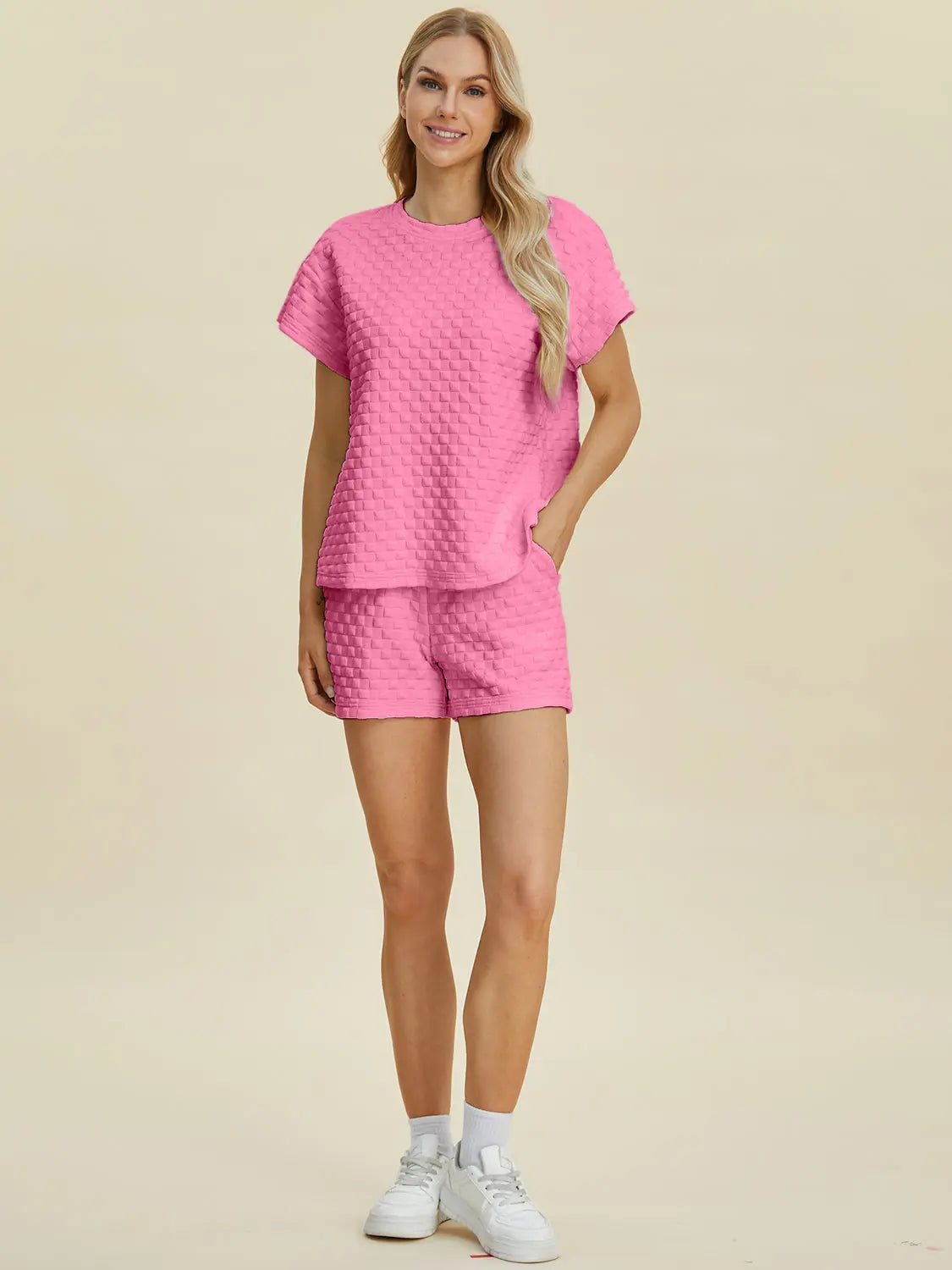 Double Take Full Size Texture T-Shirt and Shorts Set-Very Besty