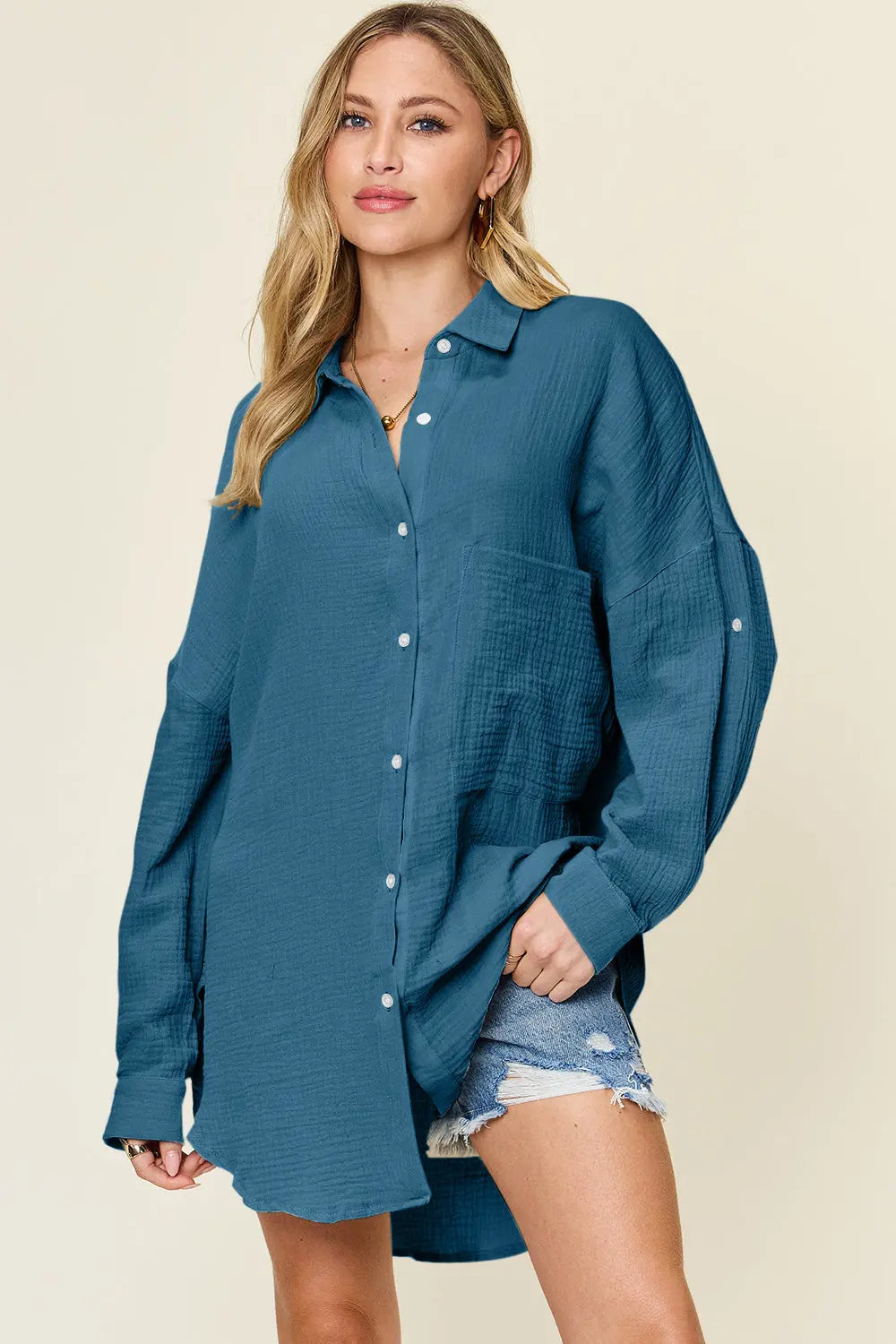 Double Take Full Size Pocketed Texture Button Up Shirt-Very Besty