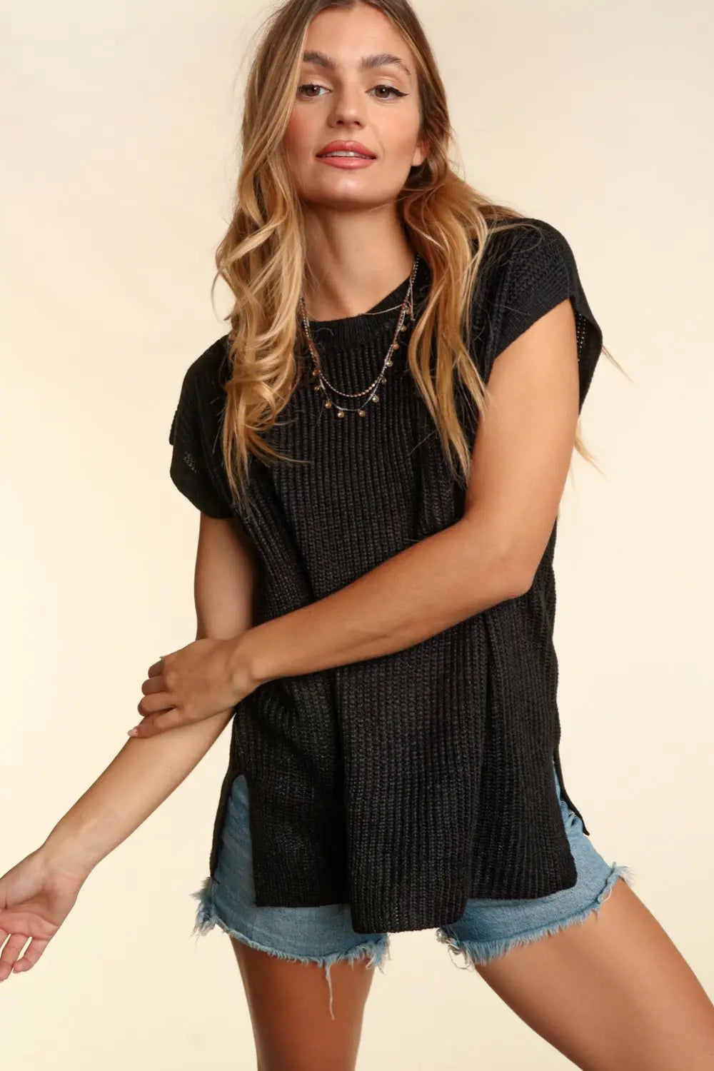 Haptics Pocketed Round Neck Cap Sleeve Knit Top-Very Besty