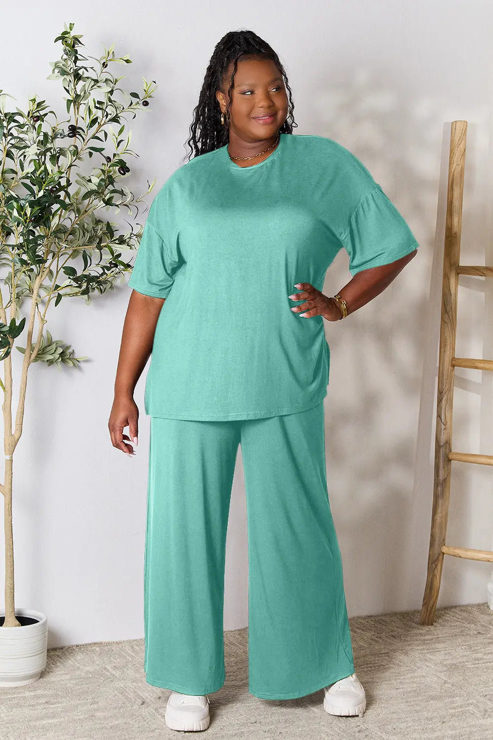 Double Take Full Size Round Neck Slit Top and Pants Set-Very Besty